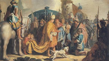 Rembrandt malte bereits als junger Mann um 1627 die beiden Kleinformate der biblischen Szene „David übergibt Goliaths Haupt dem König Saul“ ...