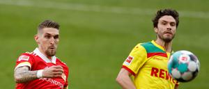 Robert Andrich (links) gewann mit dem 1. FC Union am Samstag 2:1 gegen Köln (rechts Jonas Hector).