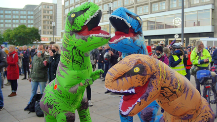 Die Echsenmenschen stören Verschwörungsgläubige auf dem Alexanderplatz. Beni steckt im grünen Kostüm.