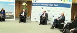 Runde der Fraktionschefs im Berliner Abgeordnetenhaus bei der IHK Berlin am 19. März 2021 - platziert mit gehörigem Sicherheitsabstand. Zuschauer waren nicht vor Ort.