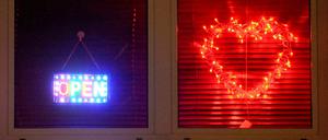 Leuchtreklame in den Fenstern eines Bordells. (Symbolbild)