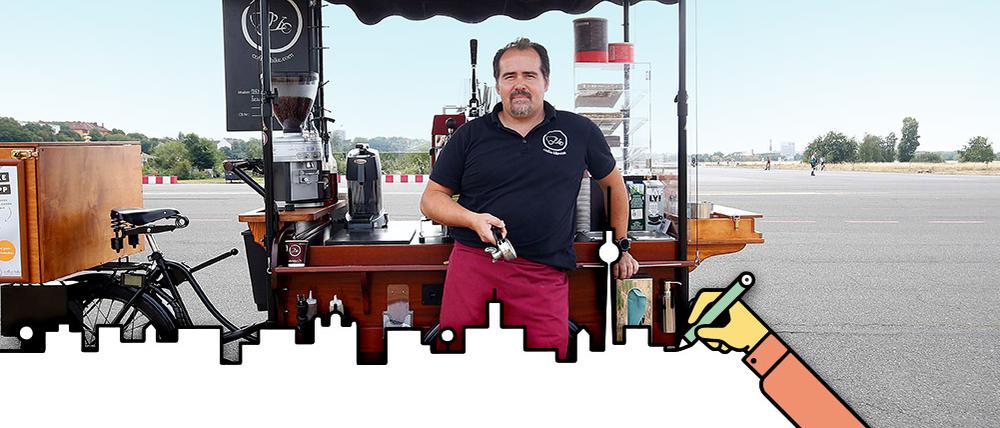 Roman Mörner steht seit 2014 regelmäßig mit seiner fahrbaren Kaffeebar am Tempelhofer Feld.