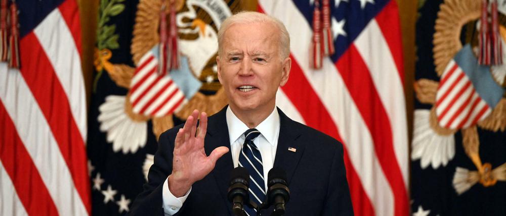 Joe Biden bei seiner ersten formellen Pressekonferenz als US-Präsident im Weißen Haus.