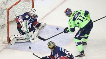 Mathias Niederberger blieb auch in dieser Szene gegen die früheren Eisbären-Stürmer Louis-Marc Aubry Sieger.