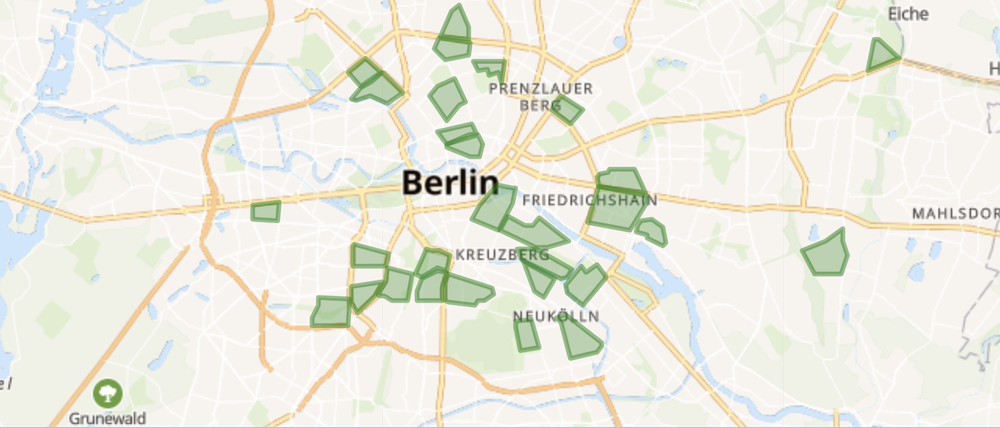 Berlin-Karte mit Kiezblock-Projekten, die grün eingefärbt wurden.