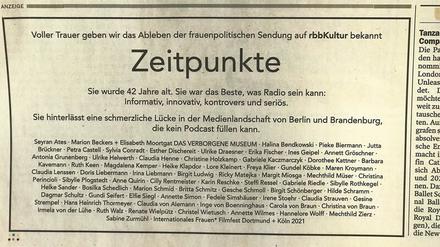 Ein Statement. 70 Frauen, ein Mann und eine Institution haben sich an der Verlustanzeige beteiligt, die im Tagesspiegel vom 4. April 2021 erschienen ist. 