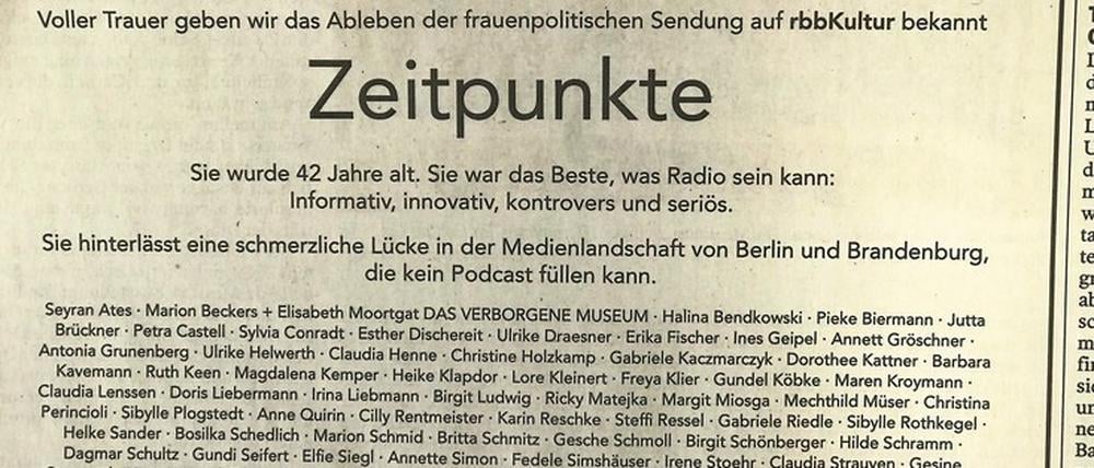 Ein Statement. 70 Frauen, ein Mann und eine Institution haben sich an der Verlustanzeige beteiligt, die im Tagesspiegel vom 4. April 2021 erschienen ist. 