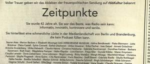 Ein Statement. 70 Frauen, ein Mann und eine Institution haben sich an der Verlustanzeige beteiligt, die im Tagesspiegel vom 4. April 2021 erschienen ist. 