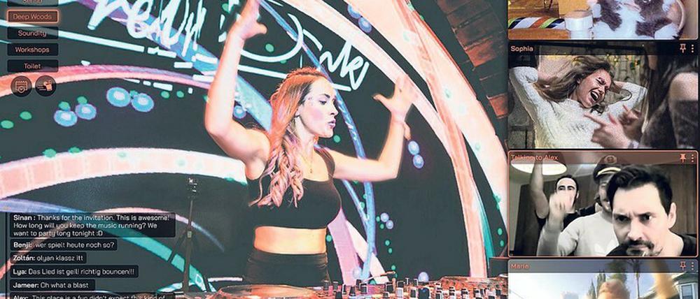 Virtueller Club. Die Tanzenden schalten ihre Kameras ein, können sich gegenseitig sehen und ansprechen. Das Eintrittsgeld geht an die DJs.
