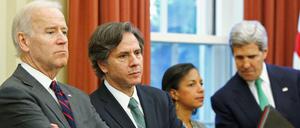 Eingespieltes Team in der globalen Klimapolitik: Präsident Joe Biden, Außenminister Antony Blinken und, ganz rechts, der Klimabeauftragte und frühere Außenminister John Kerry. 