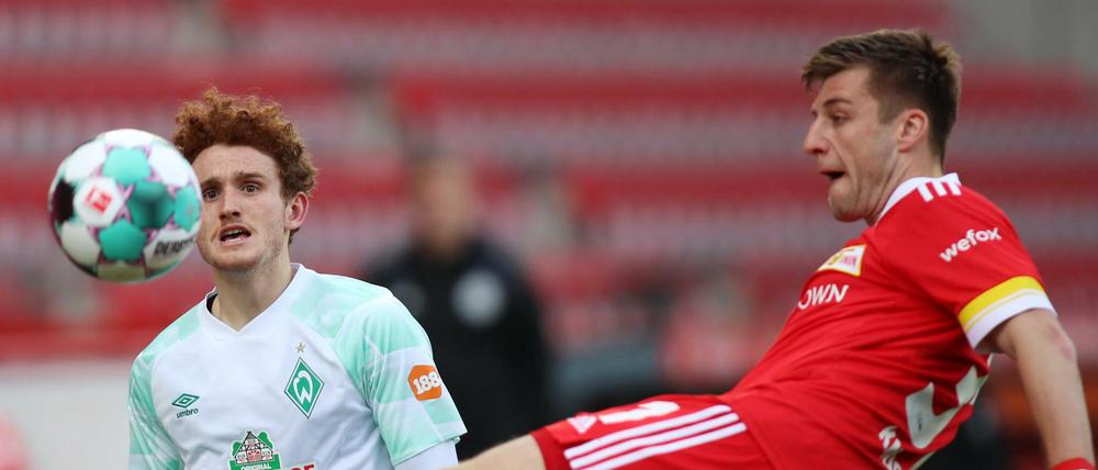 Robin Knoche (rechts, hier gegen Bremens Joshua Sargent) ist bei Union gesetzt und bildet zusammen mit Marvin Friedrich eines der sichersten Innenverteidiger-Duos der Bundesliga. 