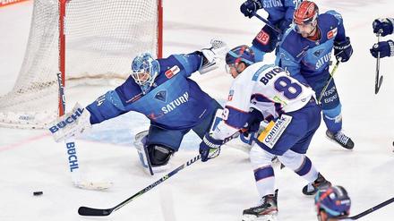 Viel Trubel vorm Tor von Ingolstadt. Eisbären-Stürmer Zach Boychuk (in weiß) kommt wieder einmal an ERC-Torwart Michael Garteig nicht vorbei. 