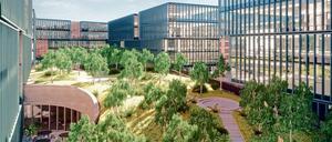 Eine Landschaftsbrücke und ein Landschaftsgarten ziehen sich in einem grünen Band über den Campus und verbinden die Gebäude, sagen die Investoren. 