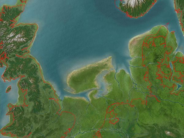 Landkarte mit dem Küstenverlauf des Doggerlandes und dem heutigen Küstenverlauf.