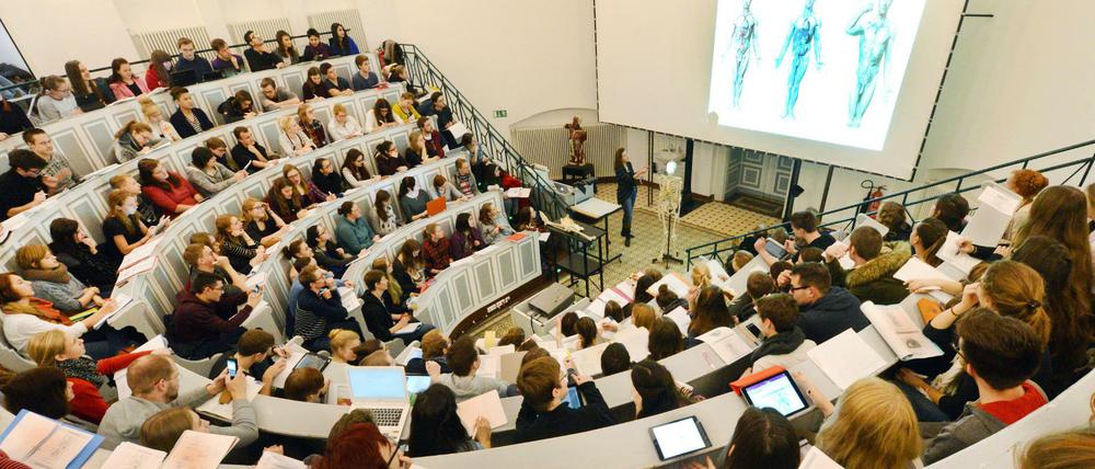 Nicht immer ist im Hochschulbetrieb so klar geregelt, wer hört und wer spricht: Anatomie-Vorlesung an der Medizinischen Fakultät der Martin-Luther-Universität Halle-Wittenberg.