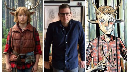 Jeff Lemire (mitte) und die Hauptfigur der Comicserie „Sweet Tooth“, Gus, die in der Verfilmung Christian Convery spielt.