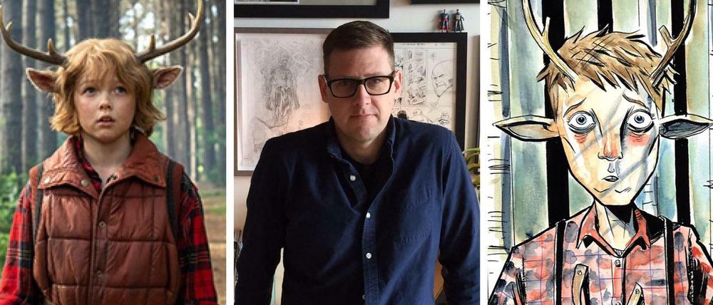 Jeff Lemire (mitte) und die Hauptfigur der Comicserie „Sweet Tooth“, Gus, die in der Verfilmung Christian Convery spielt.