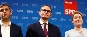 Die führenden Köpfe der Berliner SPD: Raed Saleh (links), Michael Müller und Franziska Giffey, die Ko-Vorsitzende neben Saleh ist.