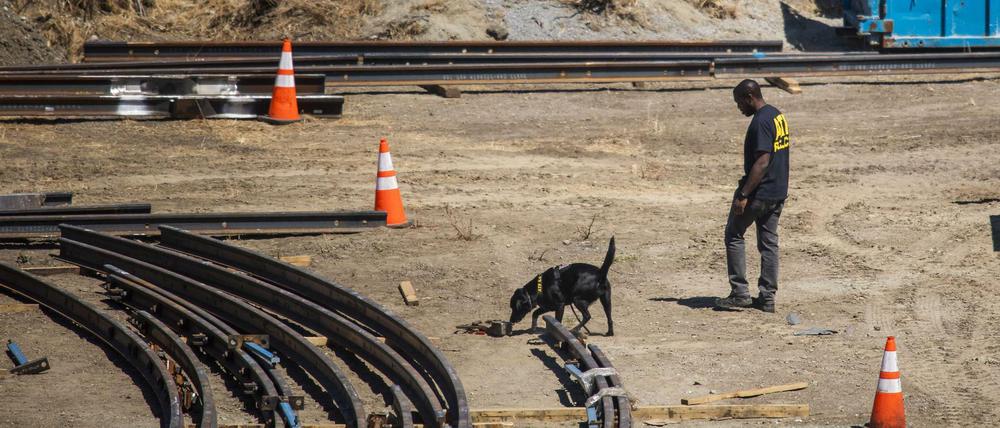 Eine K-9-Einheit der Strafverfolgungsbehörden sucht nach Beweisen auf dem Stadtbahnhof der Valley Transportation Authority (VTA)