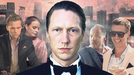 Vier Narzissten und eine unglückliche Frau. Henrik Kranz (Tobias Santelmann, v. l. n. r.), Hermine Veile (Agnes Kittelsen), ihr Mann Adam (Simon J. Berger), Jeppe Schøitt (Jon Øigarden) und William Bergvik (Pål Sverre Hagen). Foto: ZDF/Ingeborg Klyve