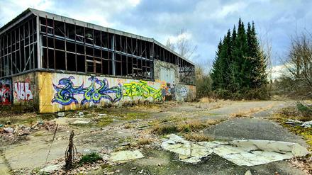 Ruine voller Graffiti auf brachliegendem früheren Polizeigelände in Berlin-Lichtenberg