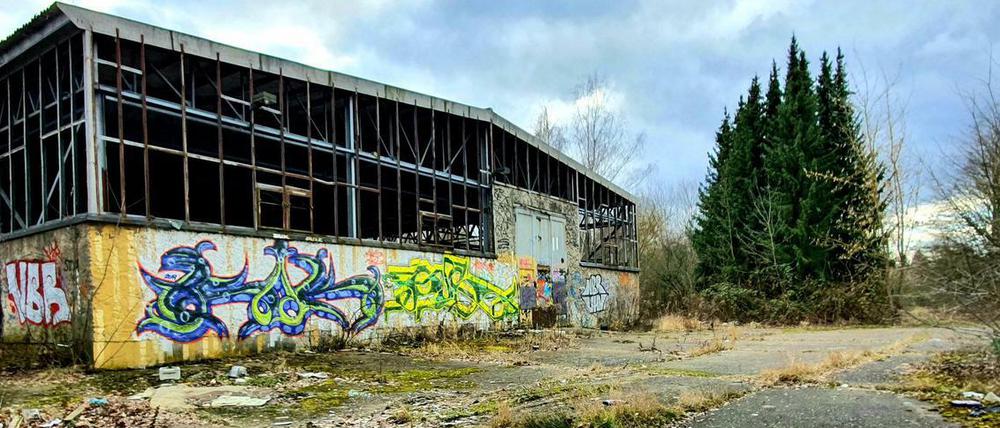 Ruine voller Graffiti auf brachliegendem früheren Polizeigelände in Berlin-Lichtenberg
