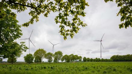 27.05.2021, Niedersachsen, Kirchlinteln: Windkraftanlagen stehen im Landkreis Verden in der Landschaft. (zu dpa ´ ´Es hat sich gedreht»: Der Windkraft-Widerstand und die Artenschützer») Foto: Moritz Frankenberg/dpa +++ dpa-Bildfunk +++
