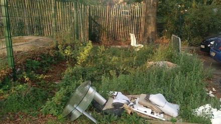 Illegale Müllablagerung zwischen Parkplatz und Grünfläche in Berlin-Neukölln.