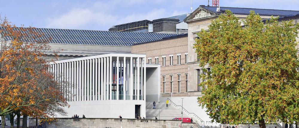 Bäume rahmen am Ufer der Spree den Eingang zur James-Simon-Galerie ein.