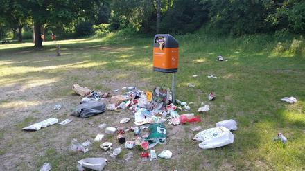 Wenn der Mülleimer voll ist, kommt der Dreck halt auf die Wiese des Glienicker Sees.