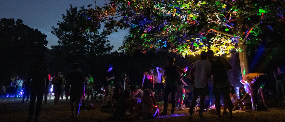 Menschen feiern im Volkspark Hasenheide.