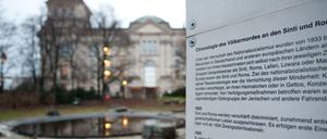 Blick vom Mahnmal der Sinti und Roma im Berliner Tiergarten Richtung Reichstagsgebäude
