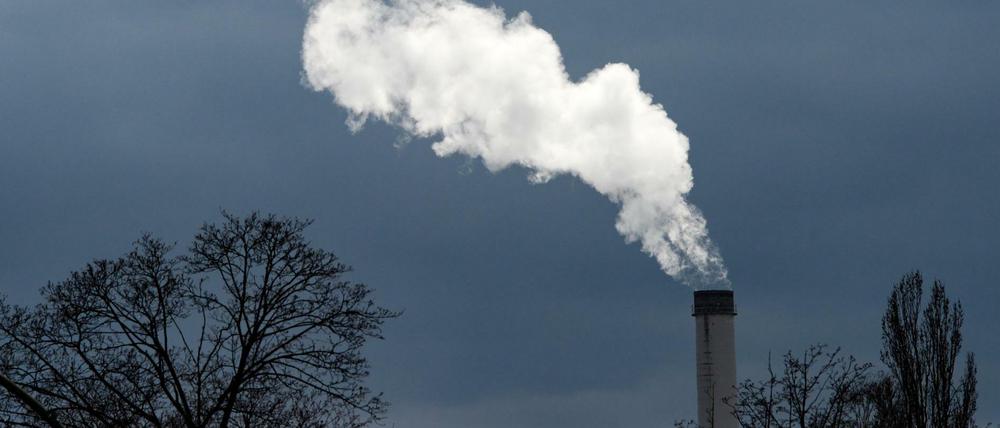 Rauch steigt aus einem Schornstein vom Heizkraftwerk Klingenberg im Berliner Ortsteil Rummelsburg in den Himmel.