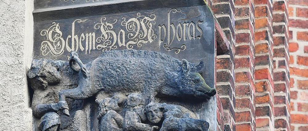 Mittelalterliche Schmähskulptur. „Judensau“ an der Außenmauer der Stadtkirche Sankt Marien in Wittenberg.