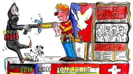 Das Siegermotiv für den Karnevalswagen im Januar 2015 zum Thema Meinungsfreiheit. Es bezieht sich auf den Anschlag auf das französische Magazin "Charlie Hebdo". 