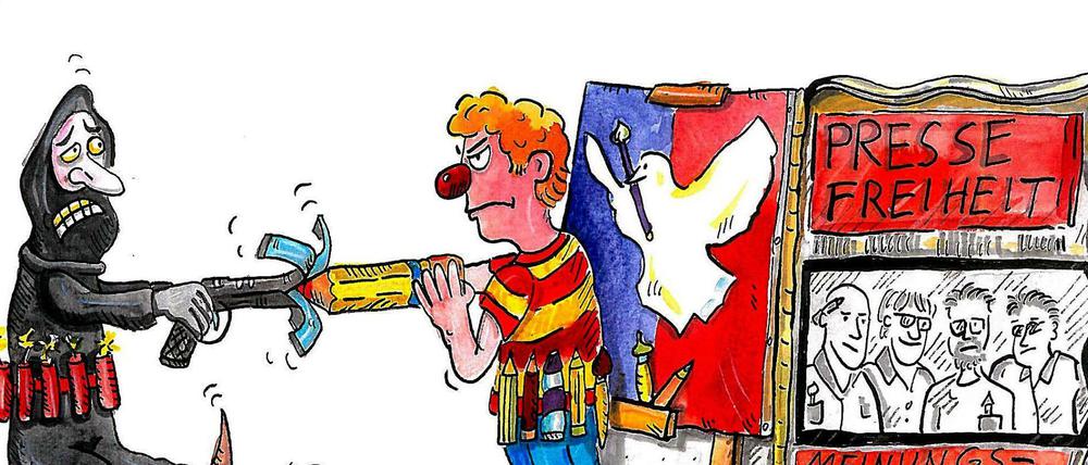 Das Siegermotiv für den Karnevalswagen im Januar 2015 zum Thema Meinungsfreiheit. Es bezieht sich auf den Anschlag auf das französische Magazin "Charlie Hebdo".