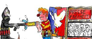 Das Siegermotiv für den Karnevalswagen im Januar 2015 zum Thema Meinungsfreiheit. Es bezieht sich auf den Anschlag auf das französische Magazin "Charlie Hebdo". 