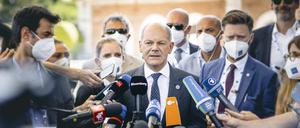 Bundesfinanzminister Olaf Scholz beim Pressestatement im Rahmen des G20 Gipfels in Venedig.