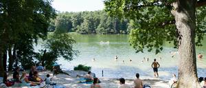 Badegäste liegen und baden an der Krumme Lanke in Berlin. Nach starkem Regen sollte man die Berliner Gewässer allerdings lieber ein paar Tage meiden.