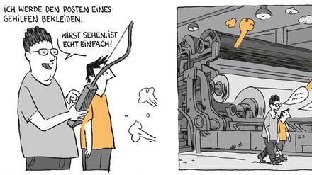Der Neue: In dieser Szene aus „Lehrjahre“ lernt Guy Delisle seinen Arbeitsplatz kennen - und die Eigenheiten der Kollegen.