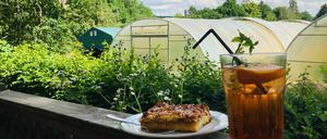 Kuchen, Drinks und in der Ferne der Grunewaldturm.