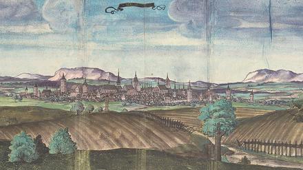 Die sechs winzigen Spitztürme in der Bildmitte der allerersten Berlin-Darstellung von 1537, zwischen Petri- und Marienkirche gelegen, könnten zum Ur-Schloss gehören. 