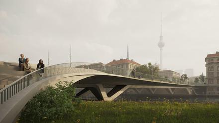 Mit einem Schwung soll die Brücke über die Spree und hinunter zum Ufer an der Fischerinsel führen.