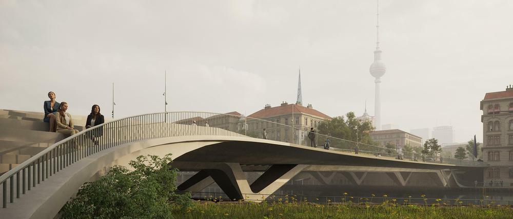 Mit einem Schwung soll die Brücke über die Spree und hinunter zum Ufer an der Fischerinsel führen.