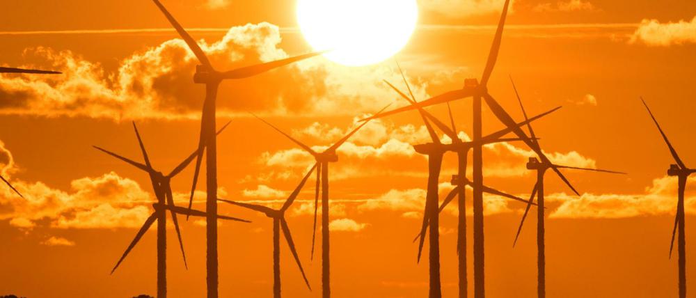 Die Sonne geht am Bredstedter Koog hinter einem Windpark mit Windrädern unter.