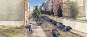 Tristesse und bunter Alltag. Autos parken vor der Mauer in der Zimmerstraße in Kreuzberg – eine der fiktiven Darstellungen von Fotograf Alexander Kupsch, die derzeit am Potsdamer Platz ausgestellt sind.