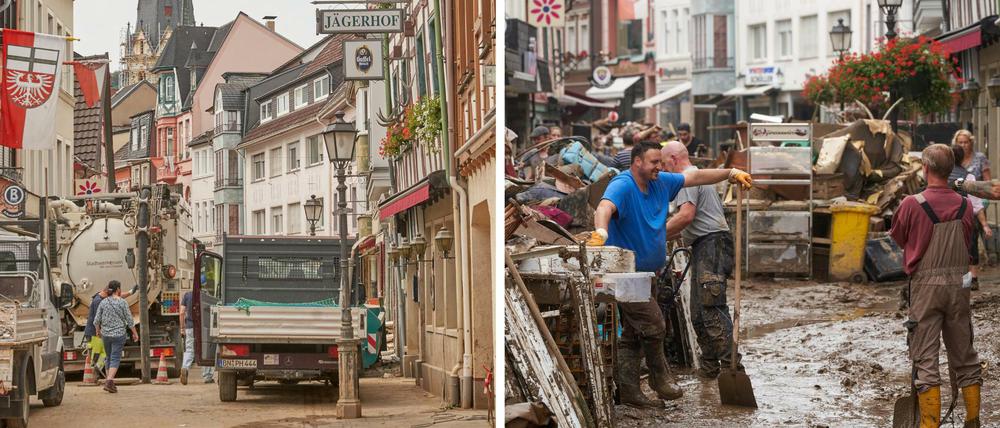 Vier Wochen nach der Flutkatastrophe (linkes Bild) laufen in der Altstadt von Ahrweiler noch immer die Aufräumungsarbeiten nach der Überschwemmung (rechtes Bild).