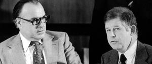 Der damalige CDU-Vorsitzende Helmut Kohl (l) und der CDU-Generalsekretär Kurt Biedenkopf am 20.10.1975 in Bonn.