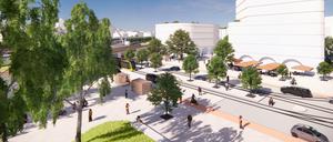 Neuer Stadtplatz für Pankow - die Straßenbahn fährt unter der S-Bahn-Brücke zum Stadthaus. Flanieren, einkaufen, verweilen kann man hier künftig.