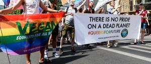Auch beim CSD 2019 in Berlin protestierten Teilnehmer*innen unter dem Slogan„There is no Pride on a Dead Planet“.